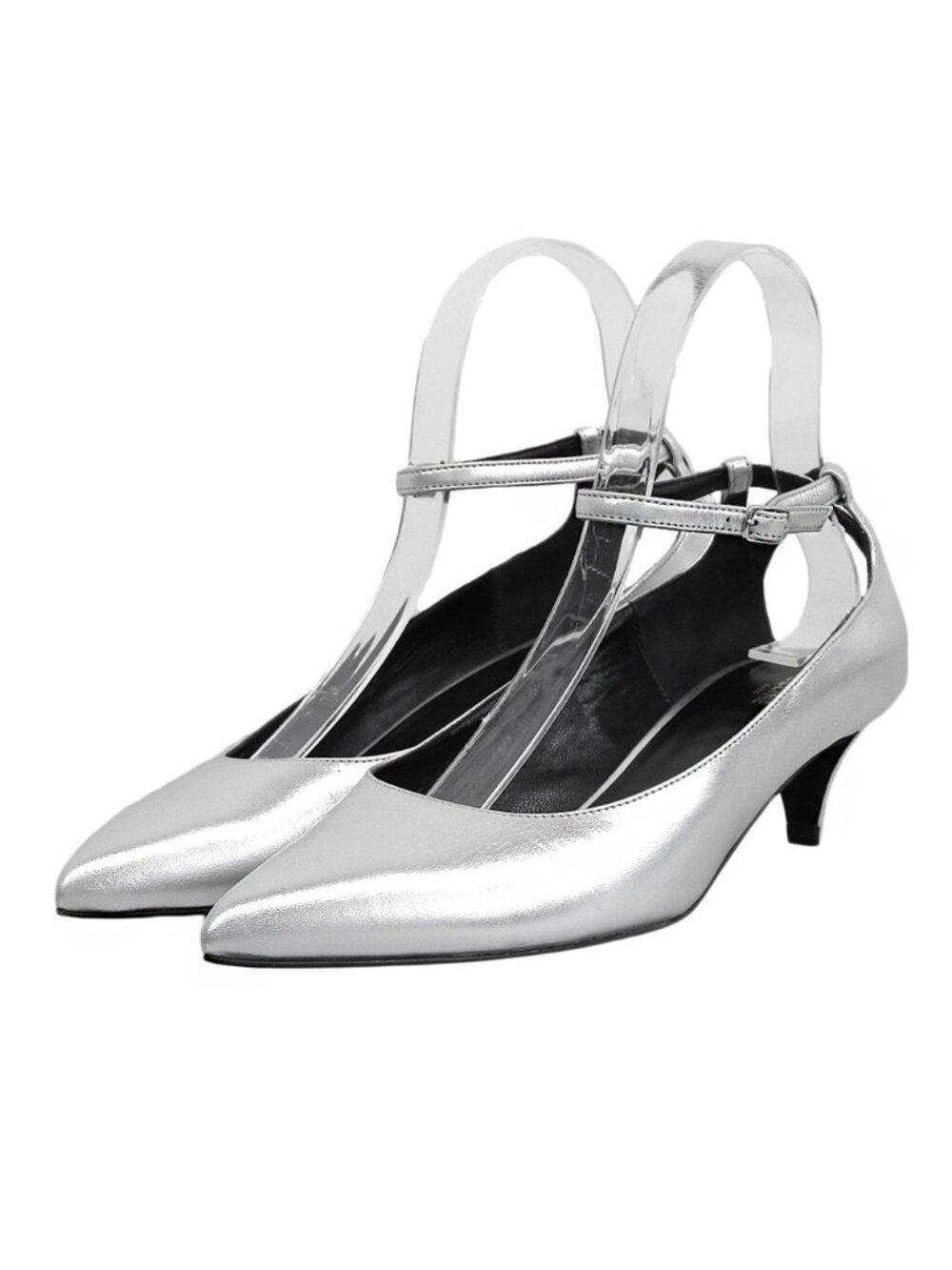 Celine Pointed Toe Ankle Strap Pumps Shoes Silver